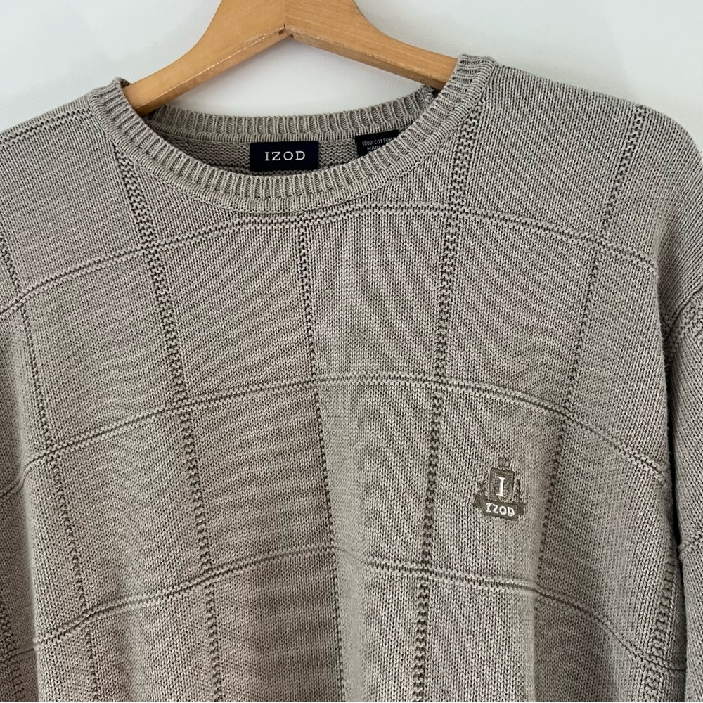 Izod Tan Windowpane Knit Crewneck Sweater